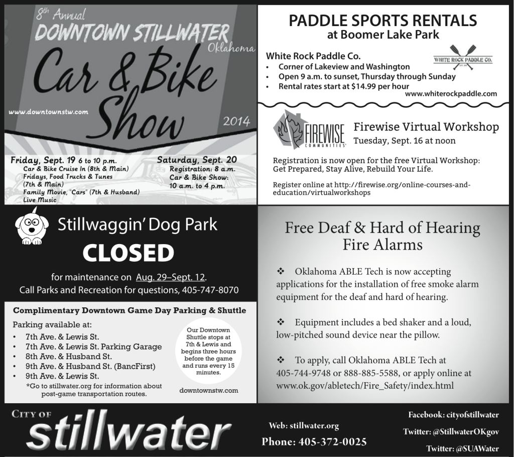 City of Stillwater Weekly Ad (Sept. 7, 2014) Designed a half-page, black and white ad to be regularly printed in the Sunday edition of the Stillwater NewsPress.